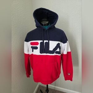 FILA Colorblock Pullover Hoodie Big Logo Red White Blue Men's Small